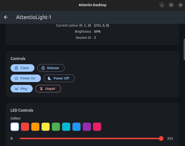Attentio Desktop device controls and LED controls