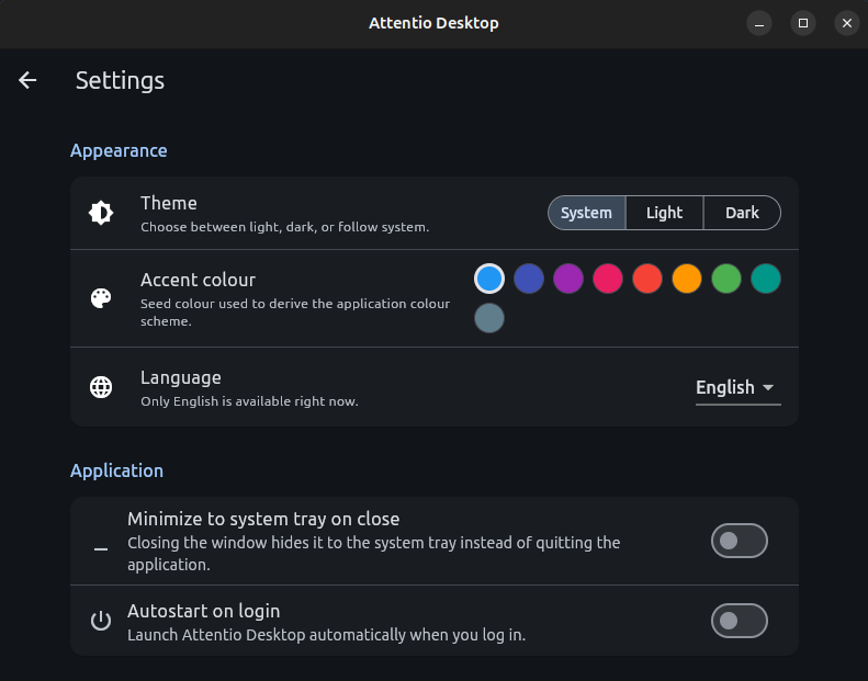 Attentio Desktop appearance and application settings