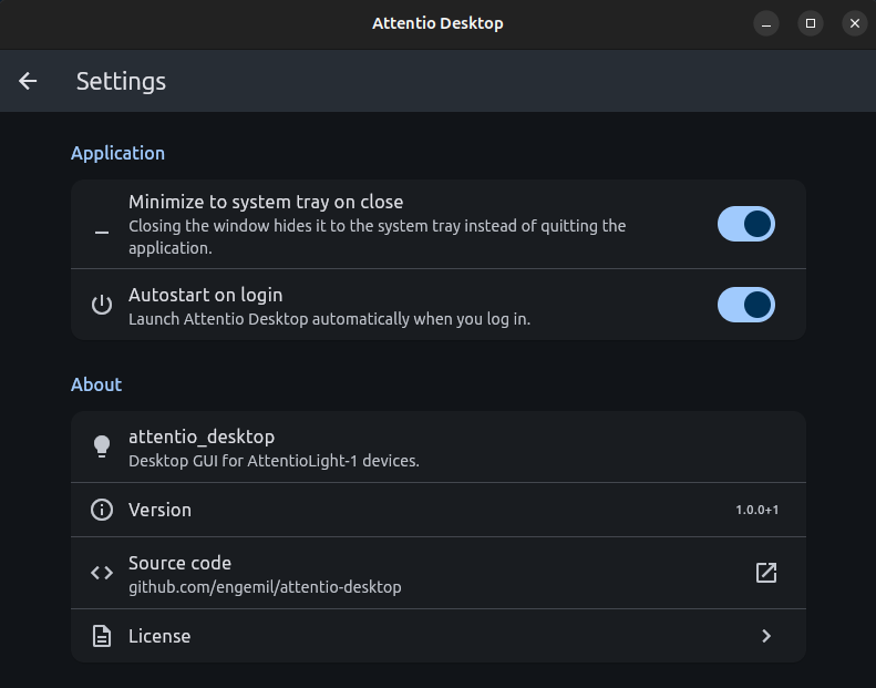 Attentio Desktop application and about settings
